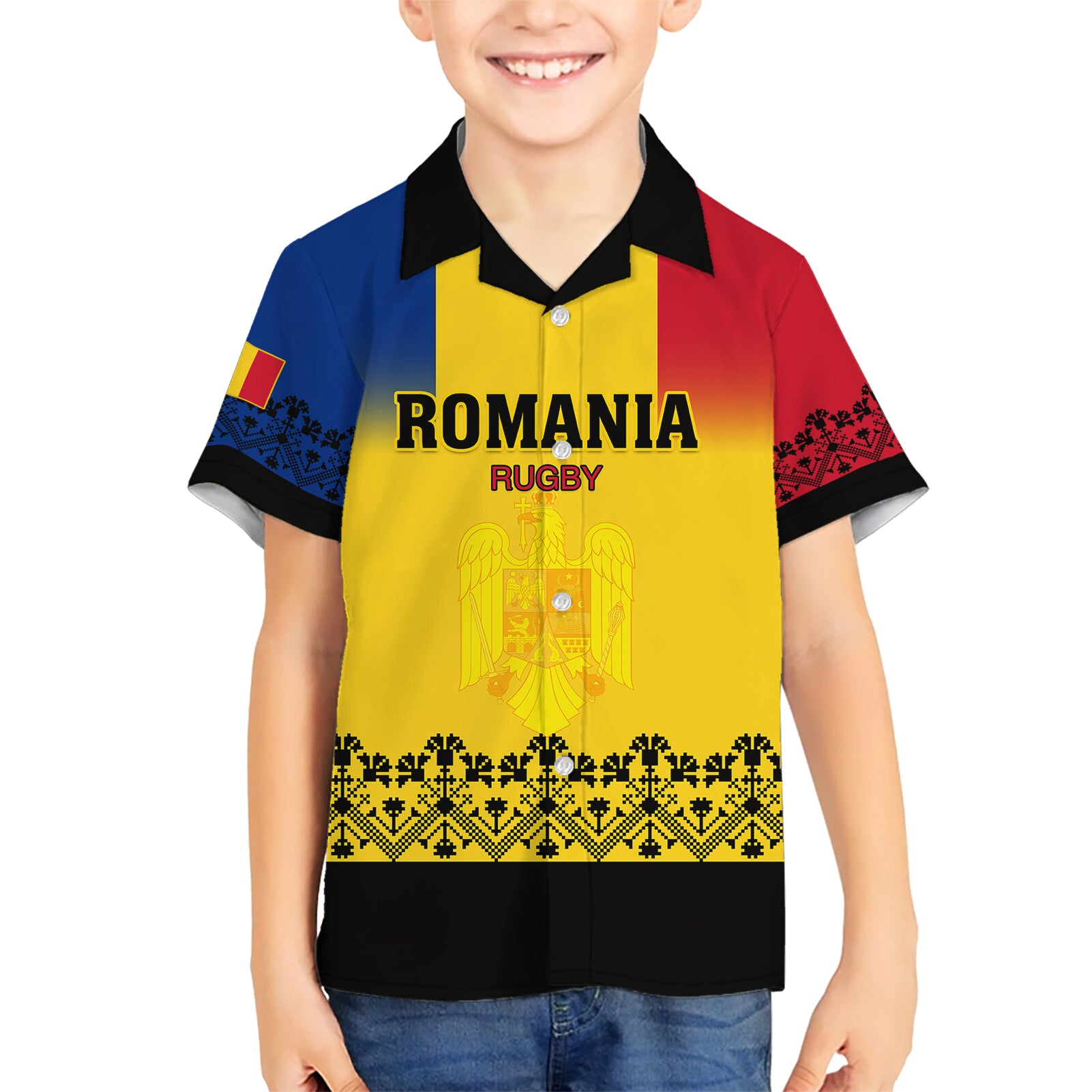 Romania Rugby Kid Hawaiian Shirt Stejarii Go 2023 World Cup - Wonder Print Shop