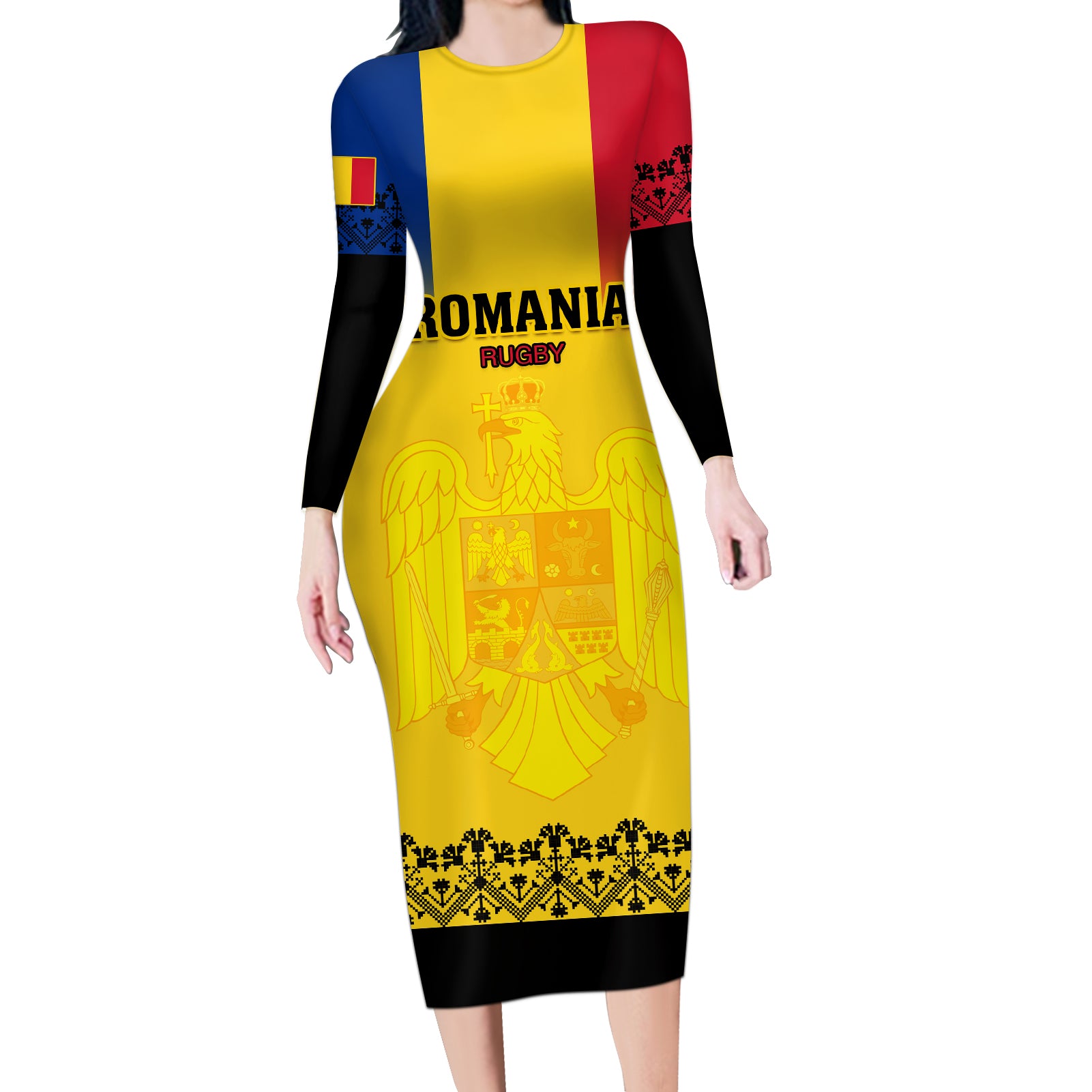 Romania Rugby Long Sleeve Bodycon Dress Stejarii Go 2023 World Cup - Wonder Print Shop