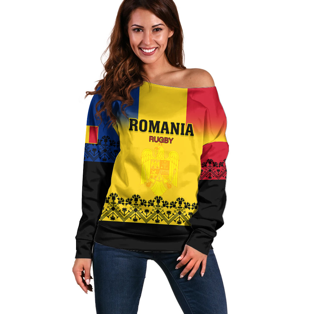 Romania Rugby Off Shoulder Sweater Stejarii Go 2023 World Cup - Wonder Print Shop