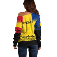 Women’s off-shoulder sweater, yellow back STEJARII print, red/blue/black panels
