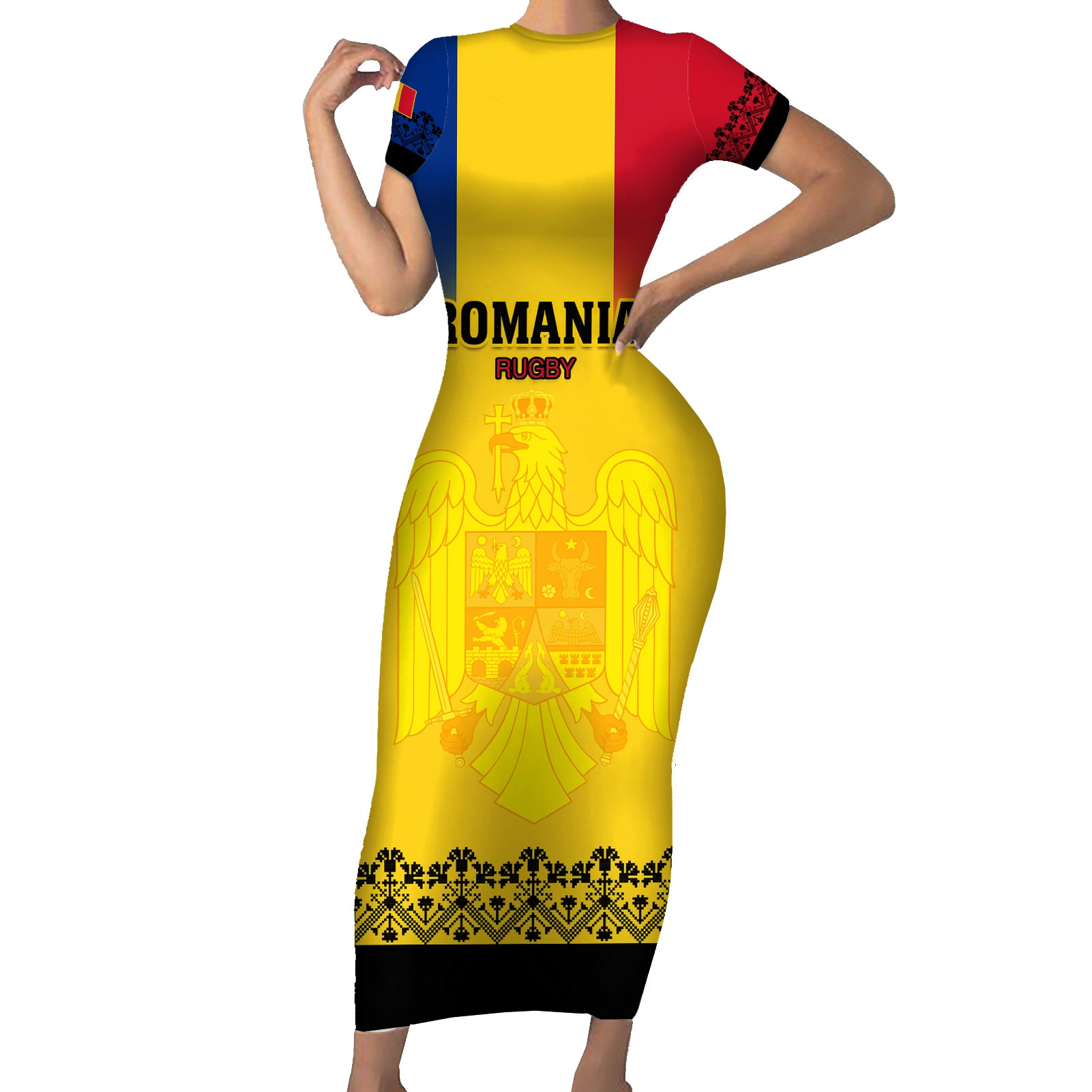 Romania Rugby Short Sleeve Bodycon Dress Stejarii Go 2023 World Cup - Wonder Print Shop