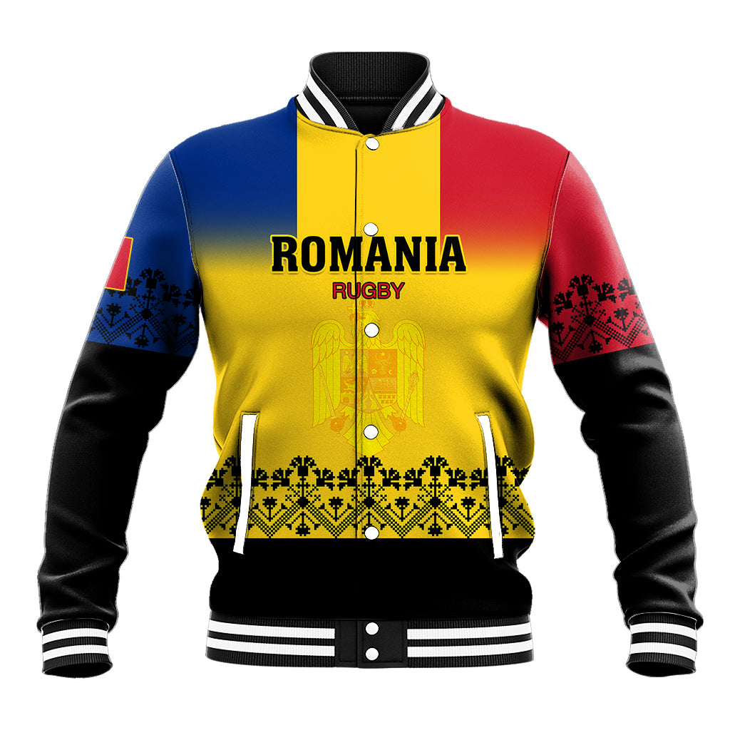 Colorblock rugby baseball jacket with yellow front, red/blue sleeves, and Romania Rugby print