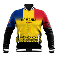 Colorblock rugby baseball jacket with yellow front, red/blue sleeves, and Romania Rugby print