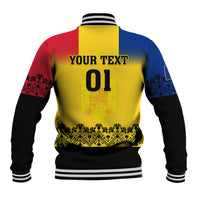 Back of colorblock rugby baseball jacket with yellow panel, YOUR TEXT 01, striped rib trim