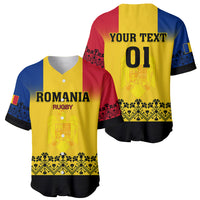 Rugby baseball jersey, yellow front ROMANIA RUGBY and back YOUR TEXT 01, black trim