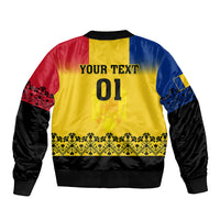 Back view rugby bomber jacket in yellow with black sleeves; custom text and 01 print
