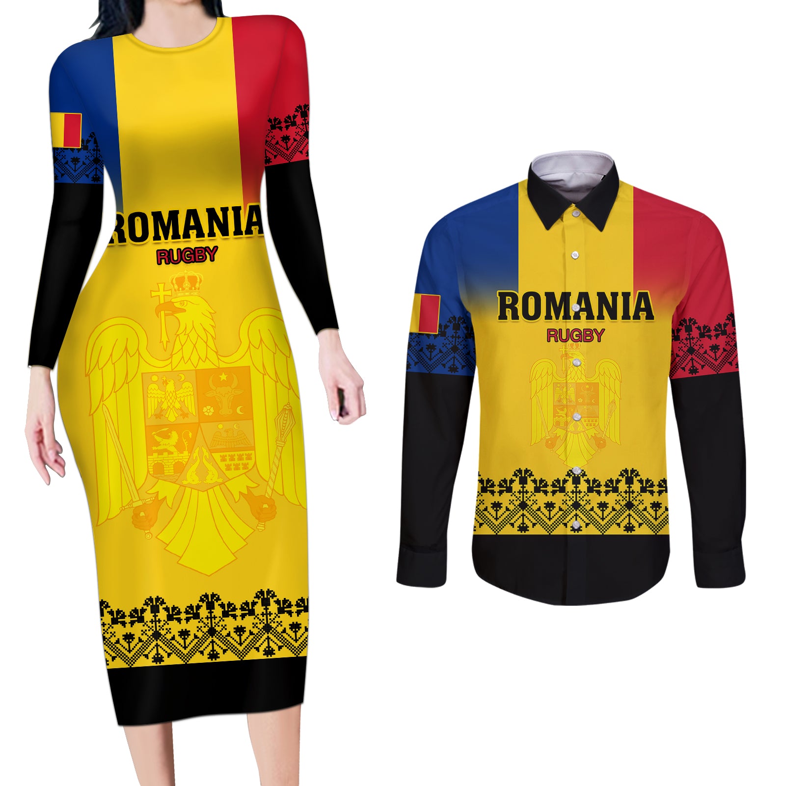 Custom Romania Rugby Couples Matching Long Sleeve Bodycon Dress and Long Sleeve Button Shirts Stejarii Go 2023 World Cup - Wonder Print Shop