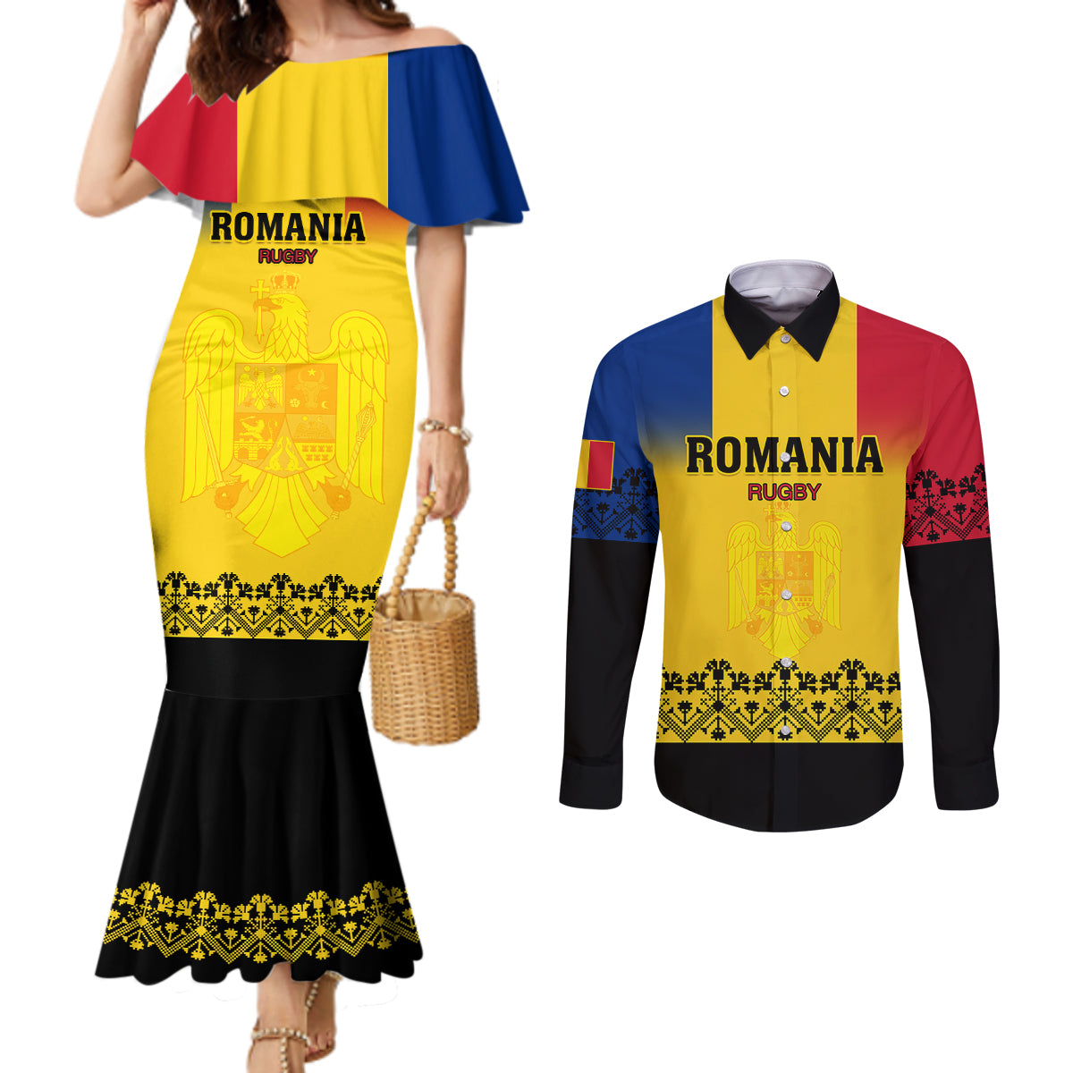 custom-romania-rugby-couples-matching-mermaid-dress-and-long-sleeve-button-shirts-stejarii-go-2023-world-cup