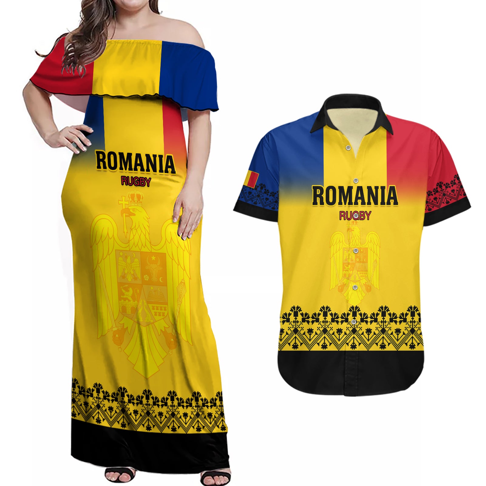 Custom Romania Rugby Couples Matching Off Shoulder Maxi Dress and Hawaiian Shirt Stejarii Go 2023 World Cup - Wonder Print Shop