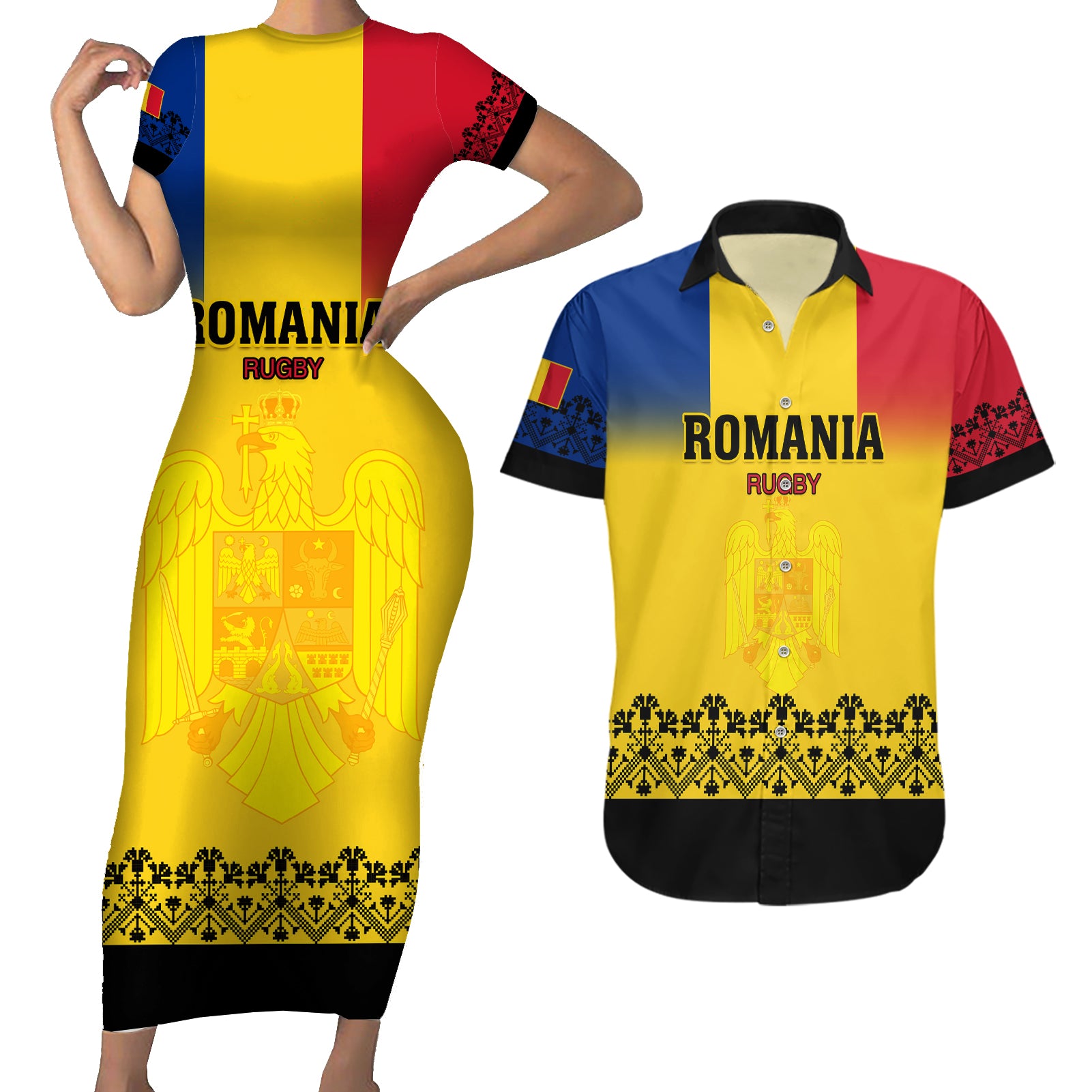 Custom Romania Rugby Couples Matching Short Sleeve Bodycon Dress and Hawaiian Shirt Stejarii Go 2023 World Cup - Wonder Print Shop