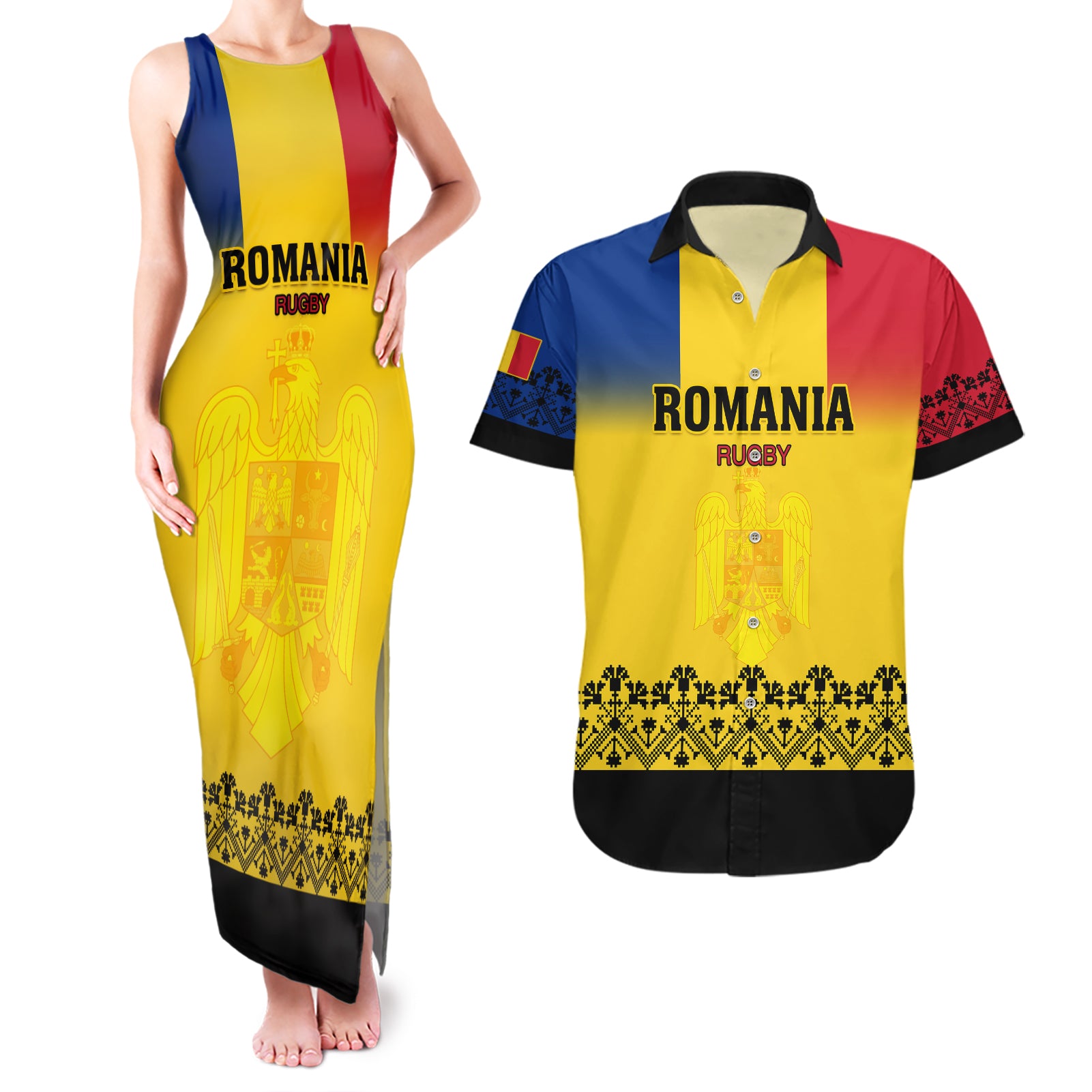 Custom Romania Rugby Couples Matching Tank Maxi Dress and Hawaiian Shirt Stejarii Go 2023 World Cup - Wonder Print Shop