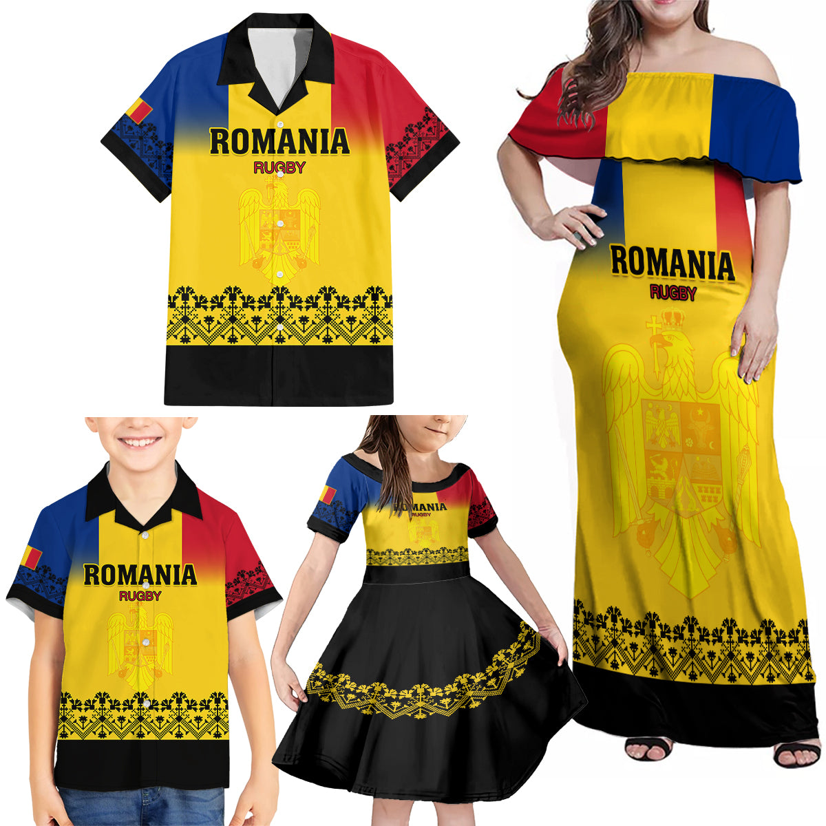 Custom Romania Rugby Family Matching Off Shoulder Maxi Dress and Hawaiian Shirt Stejarii Go 2023 World Cup - Wonder Print Shop