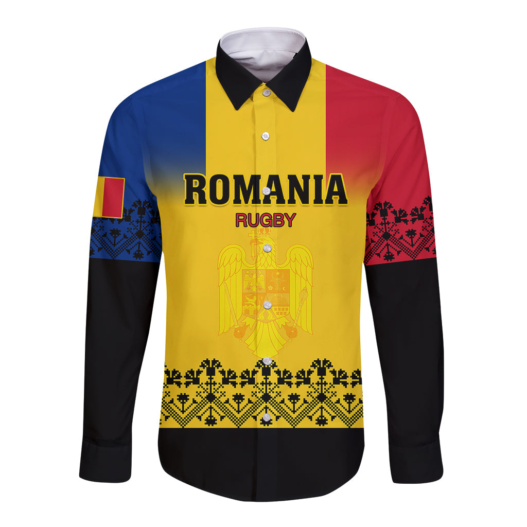 Colorblock rugby button shirt, yellow front with black sleeves and red/blue side panels