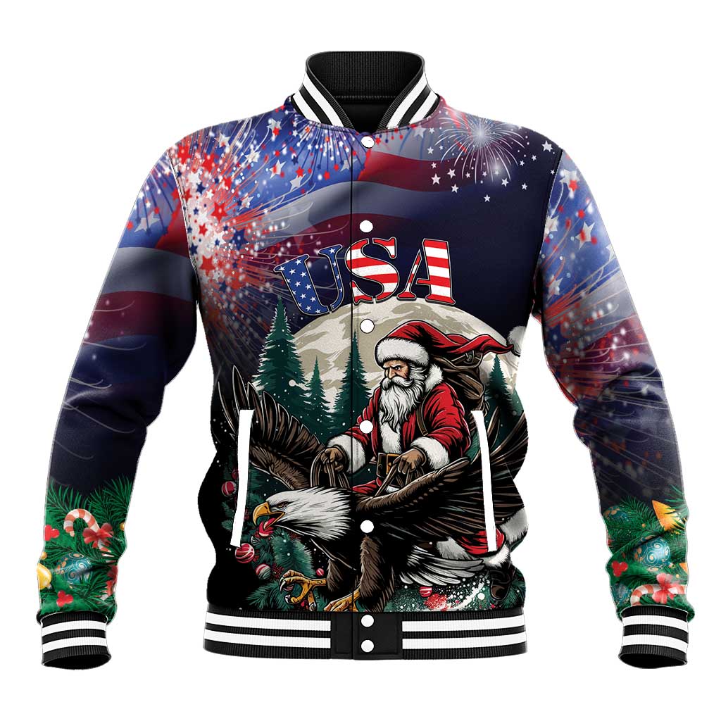 Black baseball jacket with Santa and eagle USA graphic, striped ribbed collar