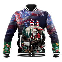 Black baseball jacket with Santa and eagle USA graphic, striped ribbed collar