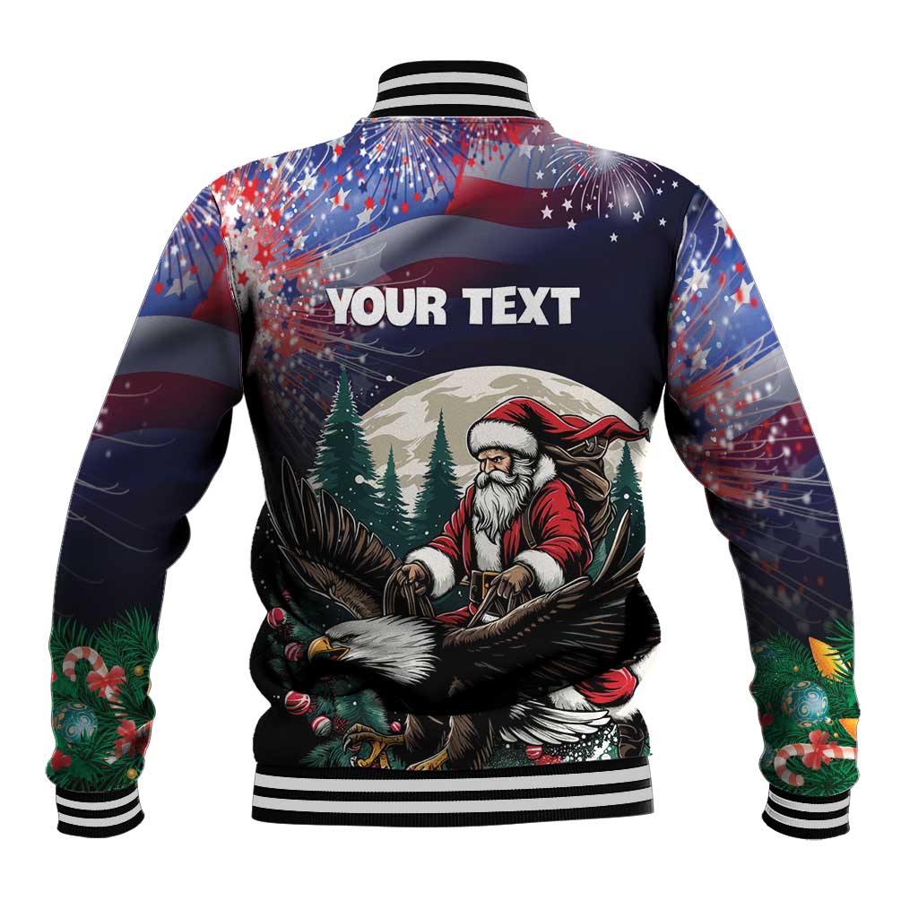 Black baseball jacket back with Santa graphic and 'YOUR TEXT', striped ribbed cuffs