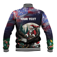 Black baseball jacket back with Santa graphic and 'YOUR TEXT', striped ribbed cuffs