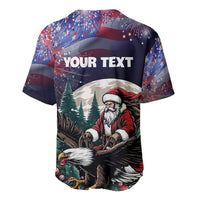 Black baseball jersey with Santa, pine trees, and red-blue starry flag; says YOUR TEXT
