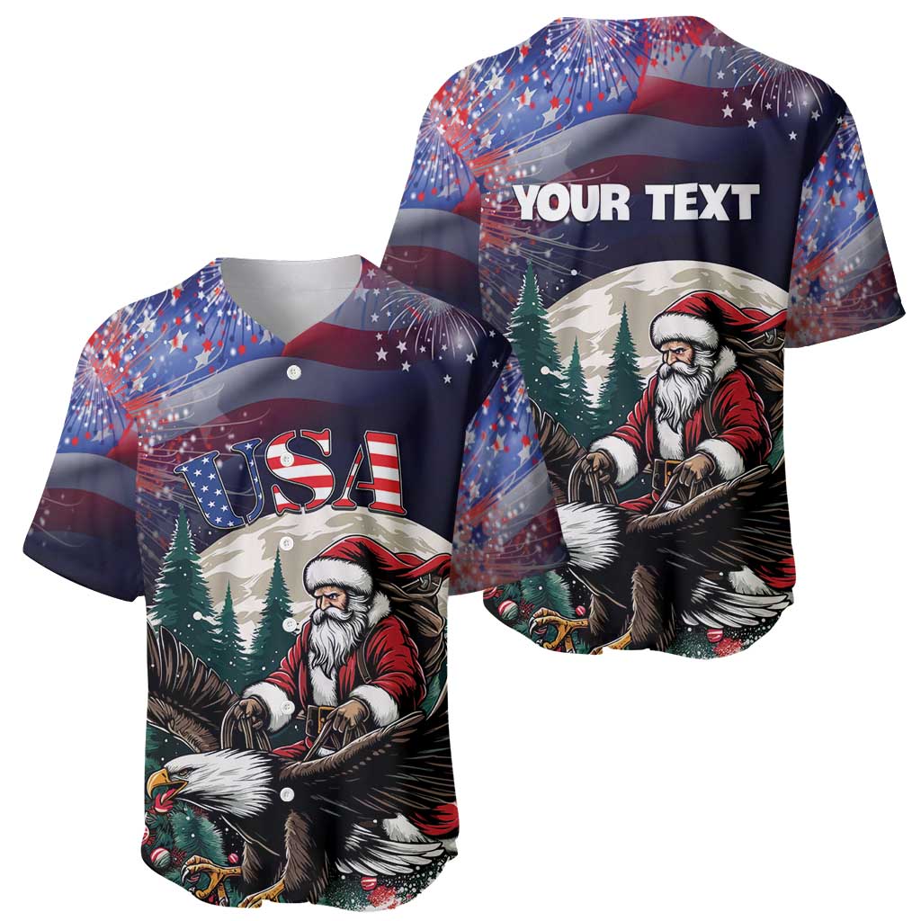 Two black baseball jerseys with Santa and starry flags; one USA, one YOUR TEXT