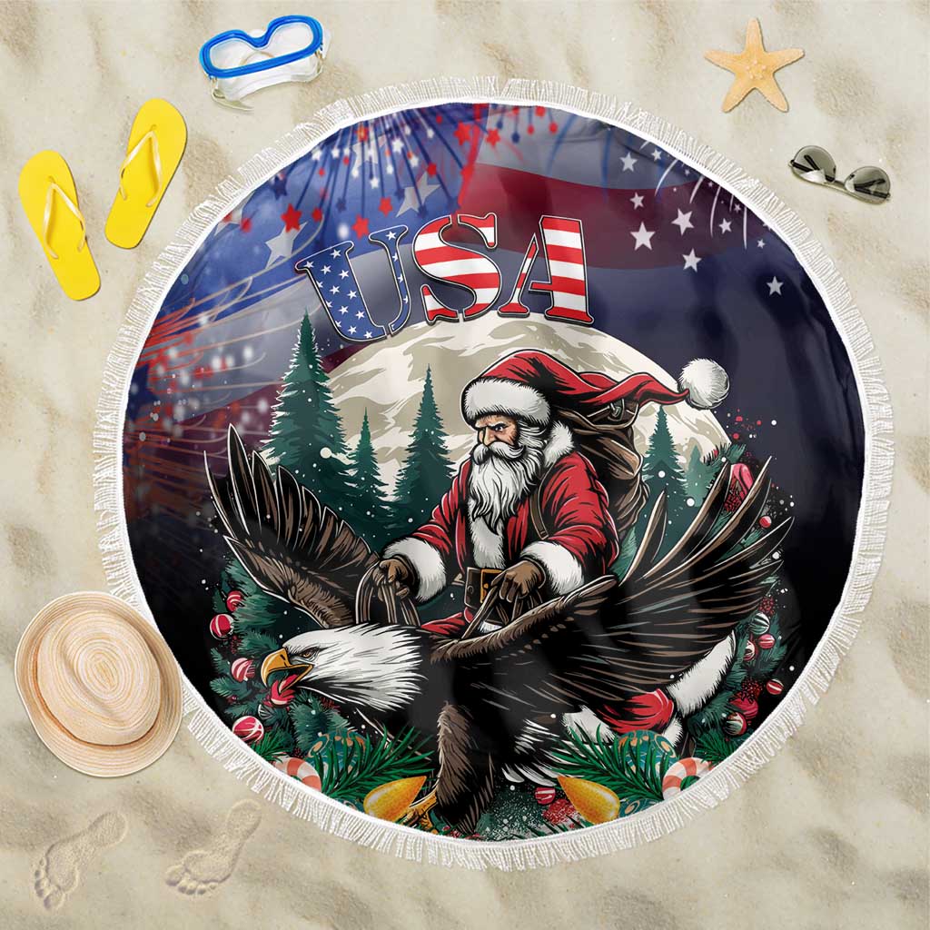 Round Christmas beach blanket with fringe edge, Santa and eagle USA graphic