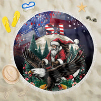 Round Christmas beach blanket with fringe edge, Santa and eagle USA graphic
