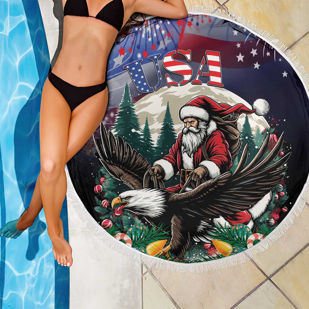 Round Christmas beach blanket with fringe edge, Santa and eagle under USA stars
