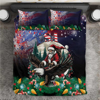 Christmas bedding set with navy duvet and pillowcases featuring Santa, USA, and eagle