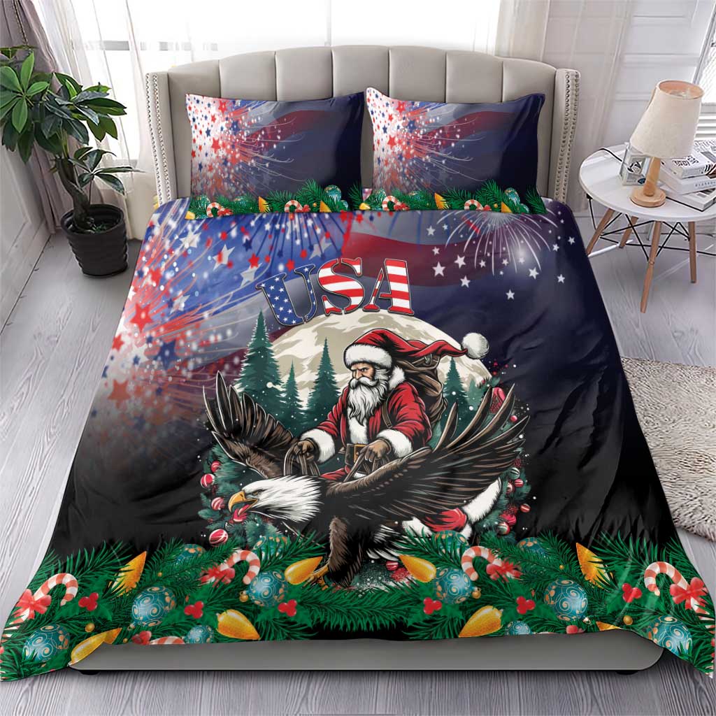 Christmas bedding set: navy duvet cover with Santa, USA letters, and colorful holiday artwork