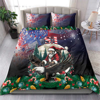 Christmas bedding set: navy duvet cover with Santa, USA letters, and colorful holiday artwork