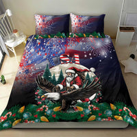 Navy Christmas duvet and pillowcases showing Santa, USA text, eagle wings, and ornaments