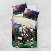 Christmas bedding set with navy top bedding and matching pillowcases featuring Santa and eagle