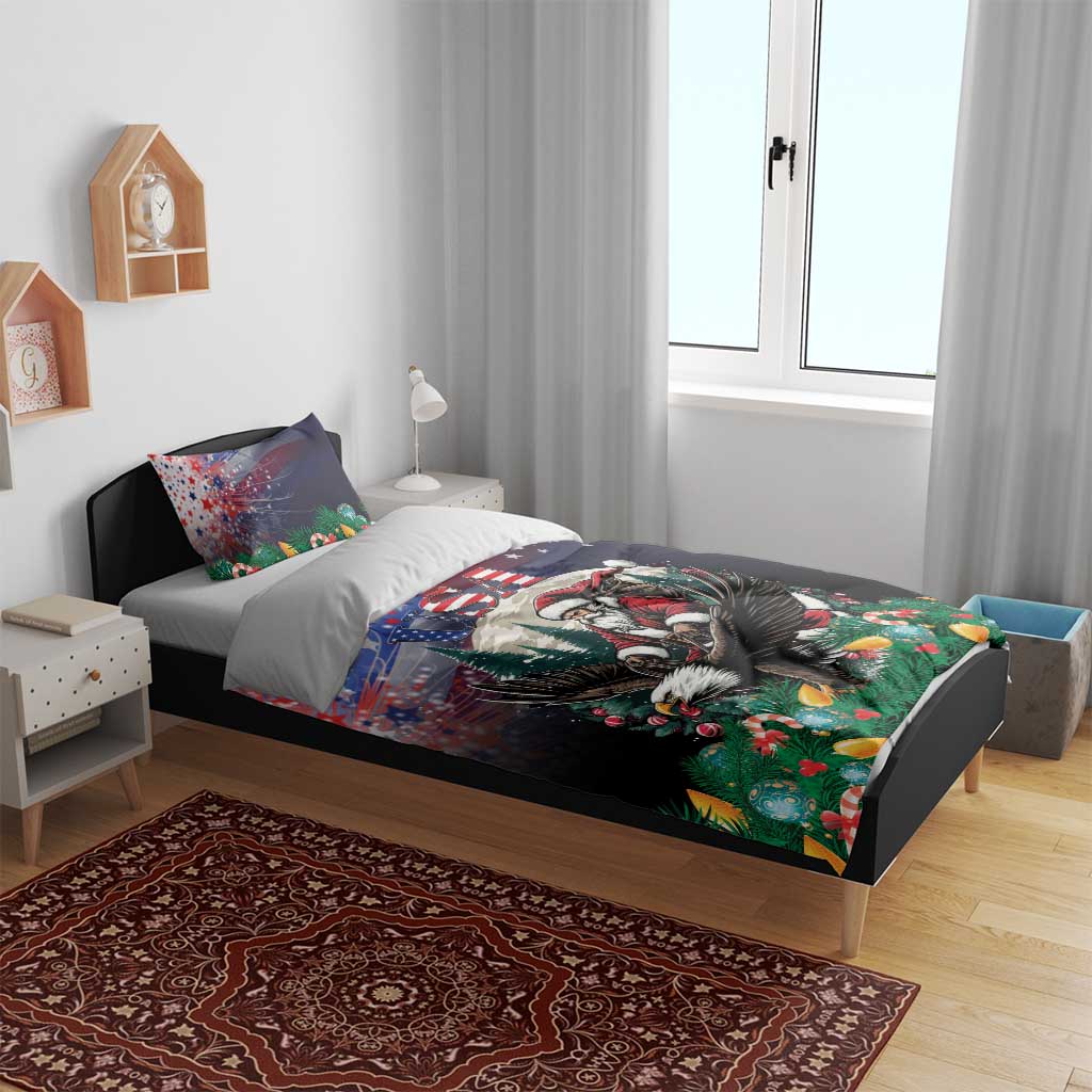 Christmas bedding set with navy duvet cover and pillowcases featuring Santa, USA, and holiday trees