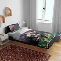 Christmas bedding set with navy duvet cover and pillowcases featuring Santa, USA, and holiday trees