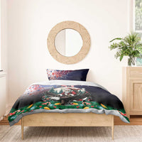 Christmas bedding set: navy duvet cover with Santa, USA stars, and colorful holiday decorations