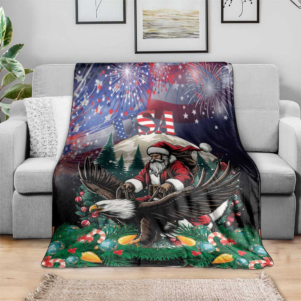 Christmas blanket on sofa featuring Santa and eagle over green pine trees and stars