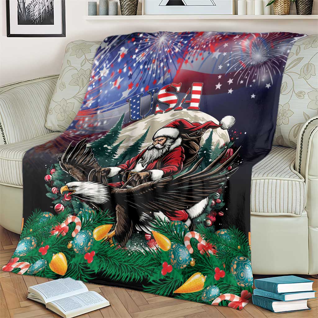 Christmas blanket on armchair with Santa, eagle wings, and USA lettering