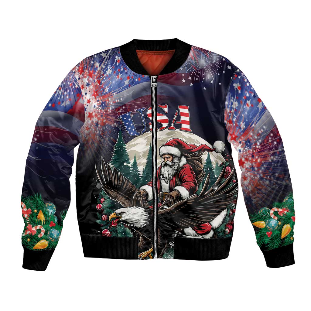 Unisex black bomber jacket with full zip, Santa and eagle graphic, USA text, ribbed hem
