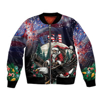 Unisex black bomber jacket with full zip, Santa and eagle graphic, USA text, ribbed hem