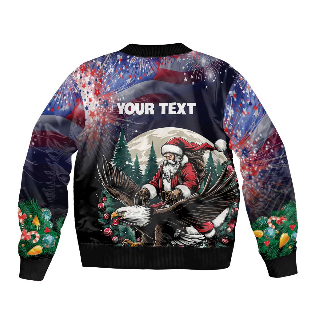 Unisex black bomber jacket with full zip, Santa and eagle, YOUR TEXT on back, ribbed cuffs