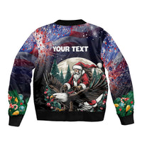 Unisex black bomber jacket with full zip, Santa and eagle, YOUR TEXT on back, ribbed cuffs