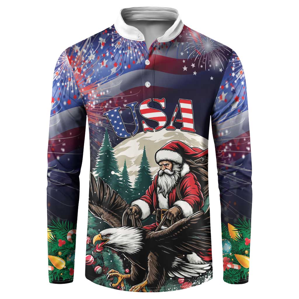 Dark button-up sweatshirt with USA patch, Santa and eagle graphic, long sleeves