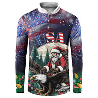 Dark button-up sweatshirt with USA patch, Santa and eagle graphic, long sleeves