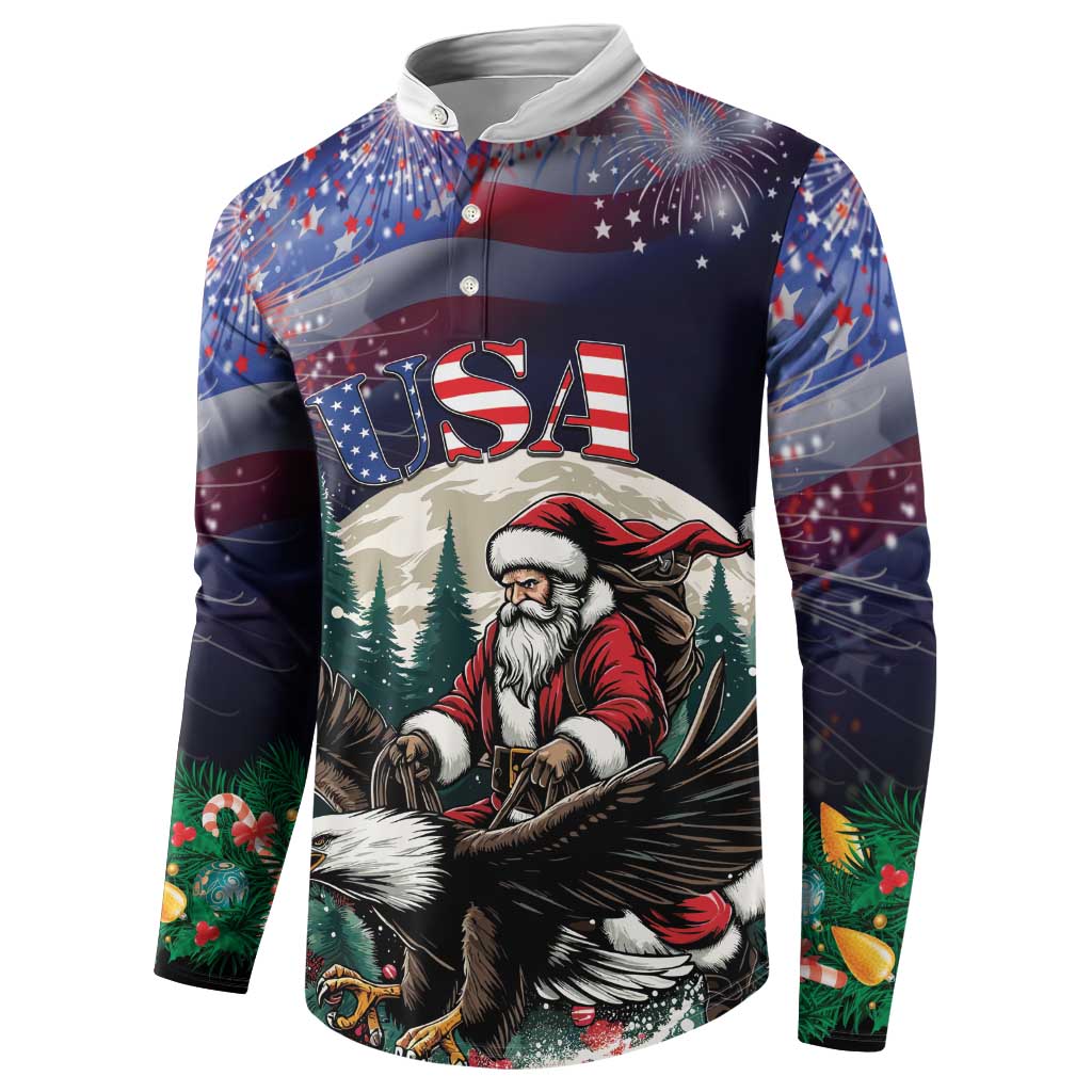 Dark button-up sweatshirt with USA patch and Santa-eagle graphic, long sleeves
