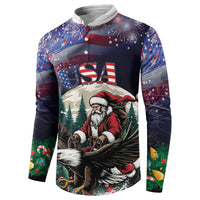 Dark button-up sweatshirt with USA patch and Santa-eagle graphic, long sleeves