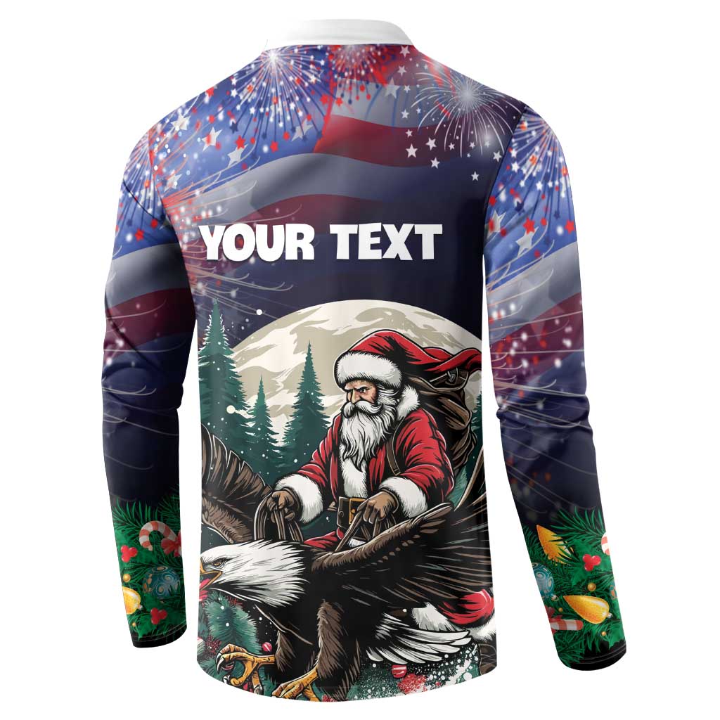 Back of dark button-up sweatshirt with 'YOUR TEXT' and Santa-eagle graphic, long sleeves