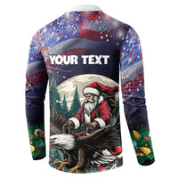 Back of dark button-up sweatshirt with 'YOUR TEXT' and Santa-eagle graphic, long sleeves