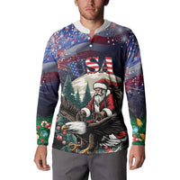 Dark button-up sweatshirt on model with USA graphic and Santa-eagle print, long sleeves