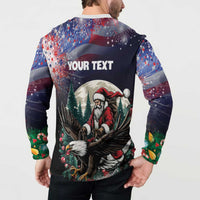 Back on model: dark button-up sweatshirt with 'YOUR TEXT' and Santa-eagle print