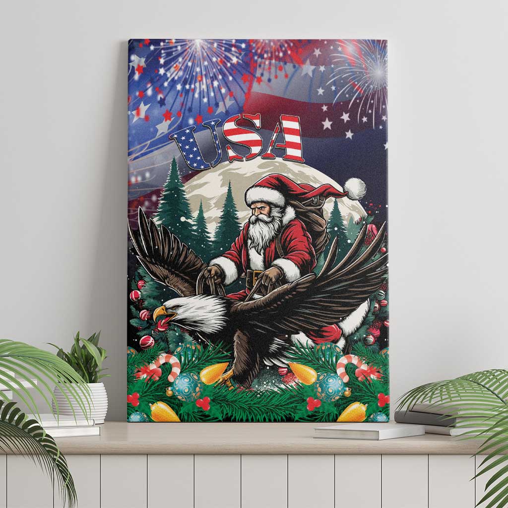 Christmas canvas wall art featuring Santa in red riding a black eagle over pine trees