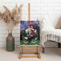 Christmas canvas wall art with Santa in red on a black eagle amid green foliage